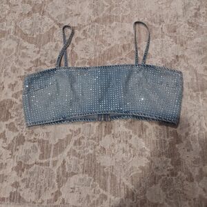 Zara Light Blue Denim Sparkle Top